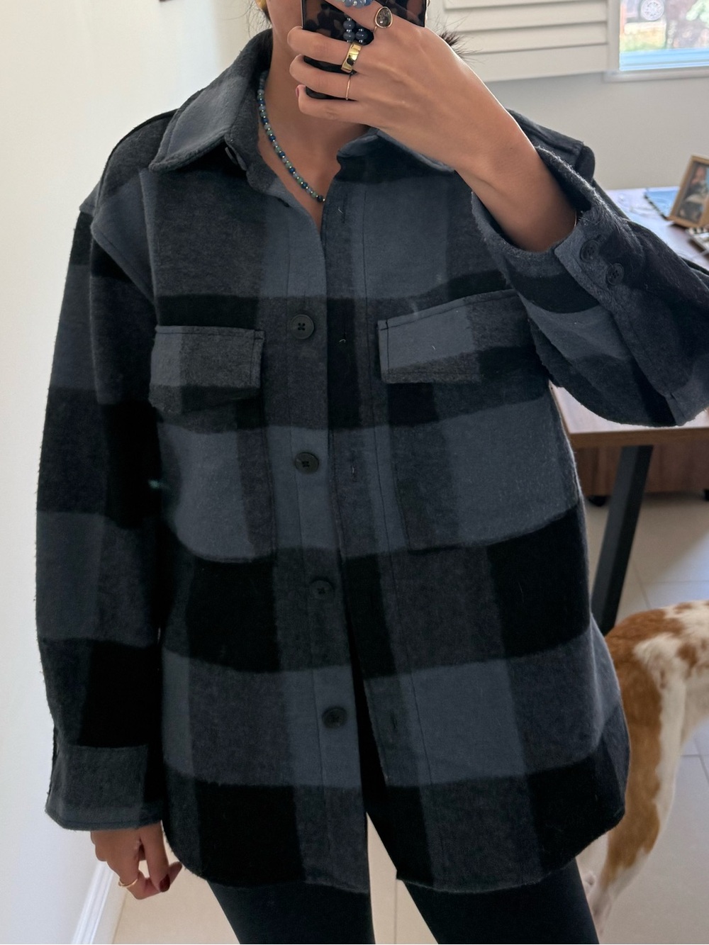 H&M Oversized Black and Gray Plaid Teddy Jacket